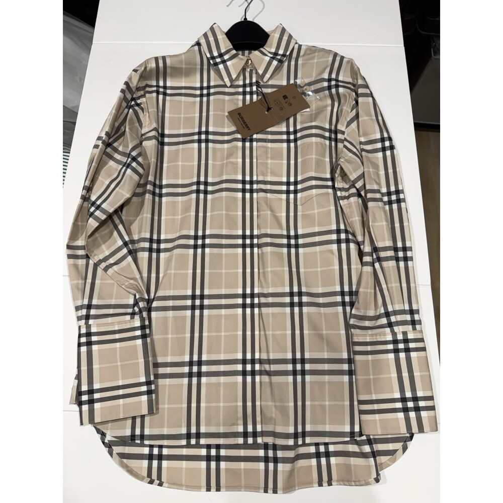 NEW Women BURBERRY Ivory Light Taupe IP Check Oversize Shirt UK6 US4